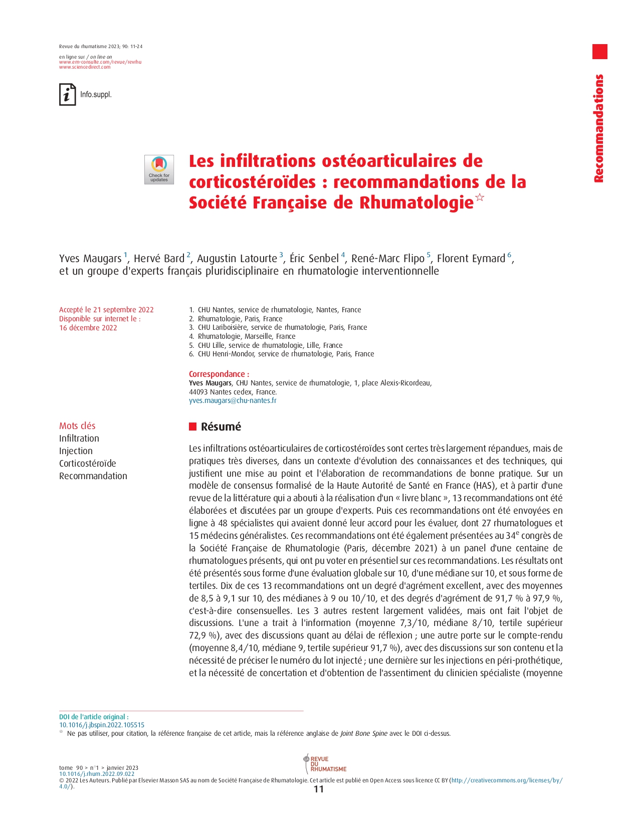 Les infiltrations ostéoarticulaires de corticostéroïdes : recommandations de la Société Française de RhumatologieMusculoskeletal corticosteroid injections: Recommendations of the French Society for Rheumatology (SFR)