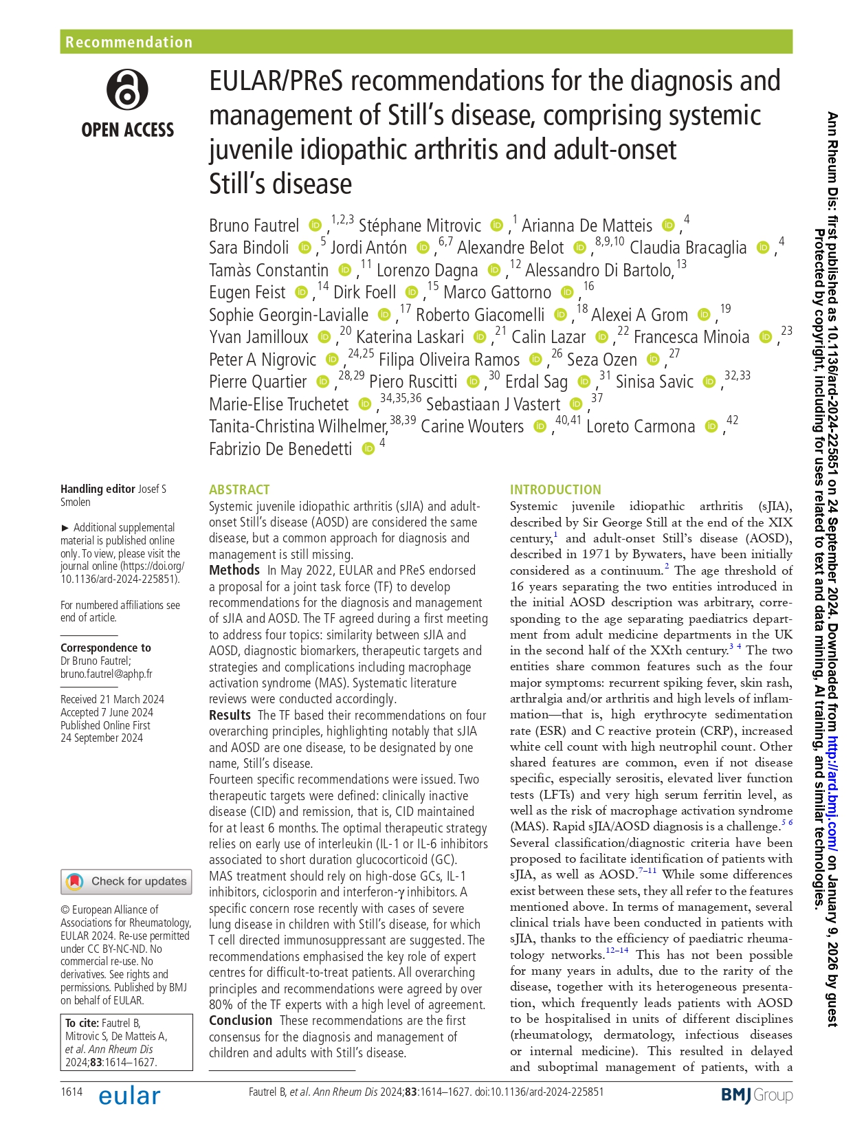 EULAR/PReS recommendations for the diagnosis and management of Still’s disease, comprising systemic juvenile idiopathic arthritis and adult-onset Still’s disease