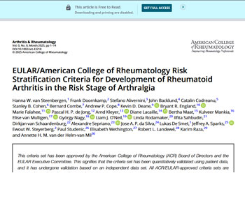 EULAR/American College of Rheumatology Risk Stratification Criteria for Development of Rheumatoid Arthritis in the Risk Stage of Arthralgia