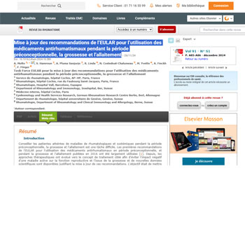 Mise à jour des recommandations de l’EULAR pour l’utilisation des médicaments antirhumatismaux pendant la période préconceptionnelle, la grossesse et l’allaitement