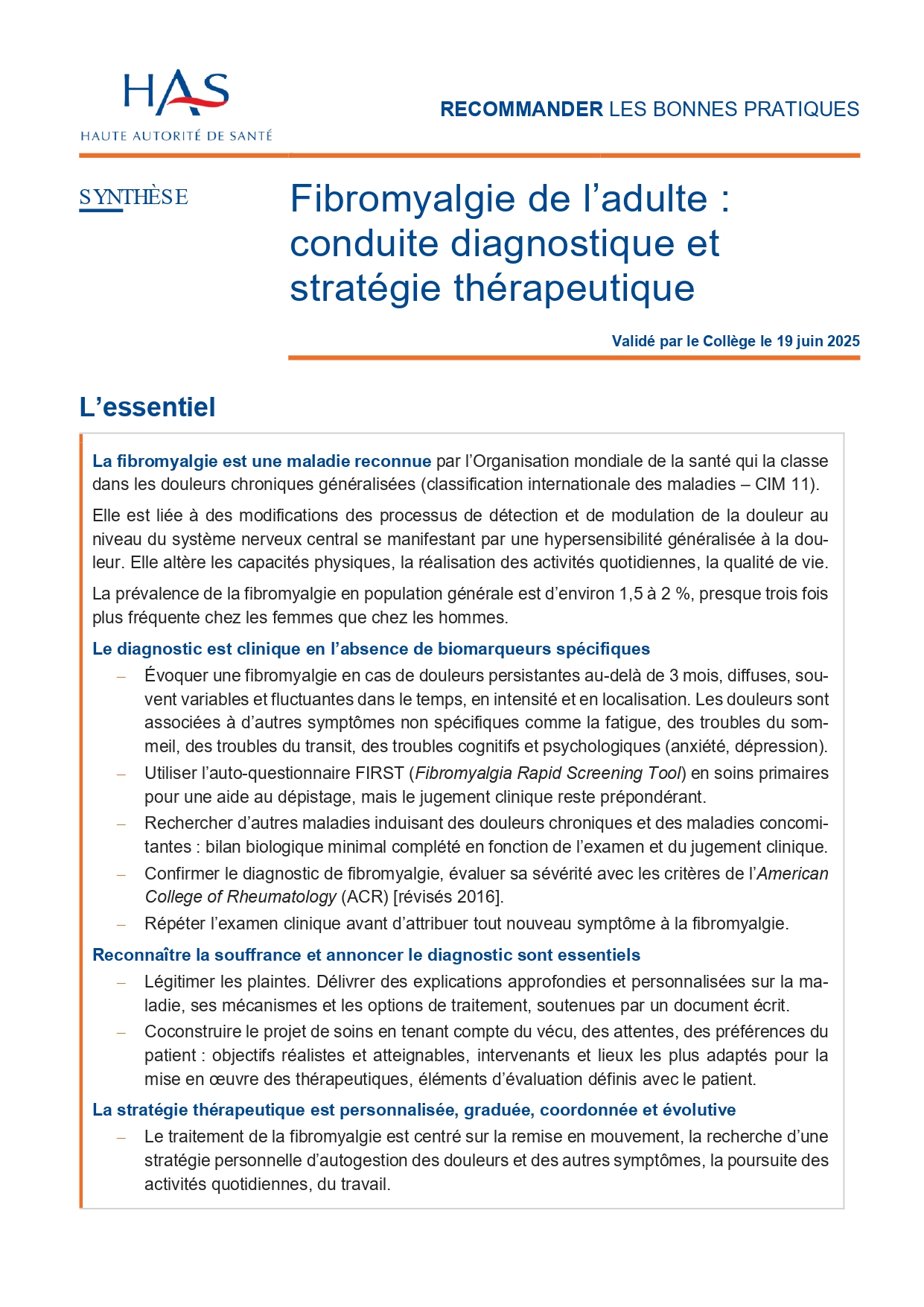 Fibromyalgie de l’adulte : Conduite diagnostique et stratégie thérapeutique
